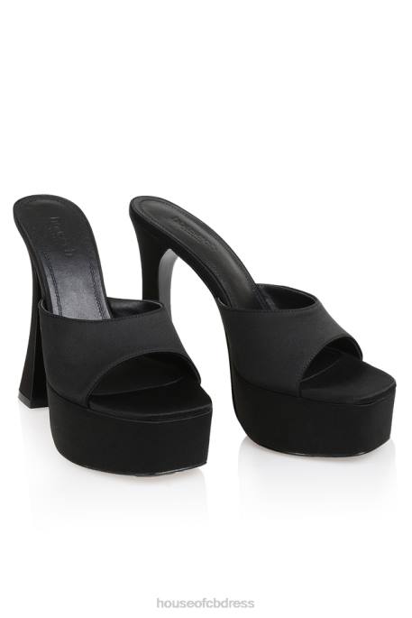 House of CB Alessandra Black Satin Platform Mules Shoes 4H6N1065