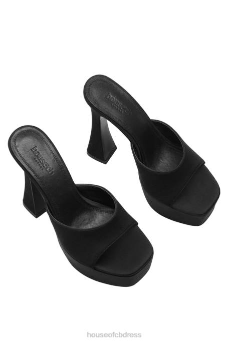House of CB Alessandra Black Satin Platform Mules Shoes 4H6N1065