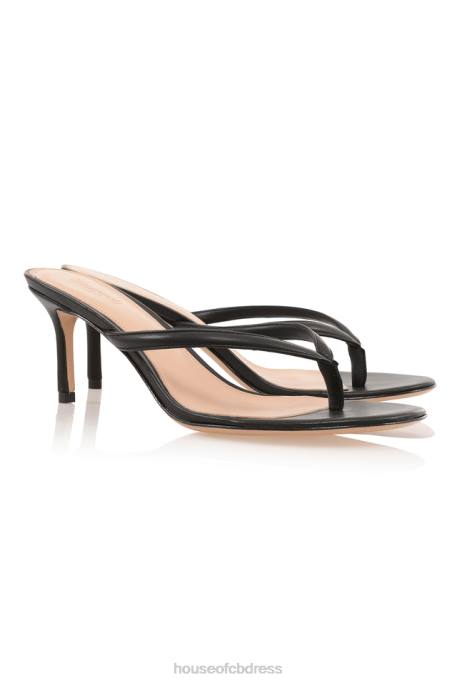 House of CB Lola Black Leather Mid Heel Thong Sandals Shoes 4H6N1077